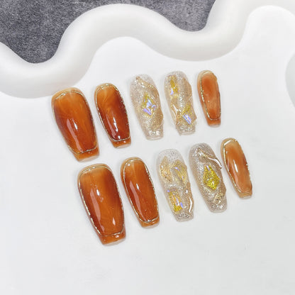 Maillard Color Handmade Wear Armor Autumn and Winter New Irregular Hook Amber Blooming Mid-Length Nail Stickers