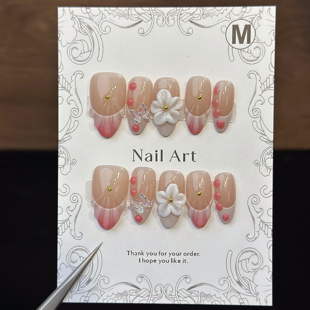 Original ins European and American Almond Hand-Worn Nail Pink French Carved Three-Dimensional Hand-Painted Detachable Nail Sticker