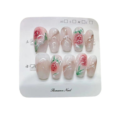 Handmade Wear Nail Gentle Temperament Marble Blooming Hand Painted Rose Mid-Length Wear Nail Handmade