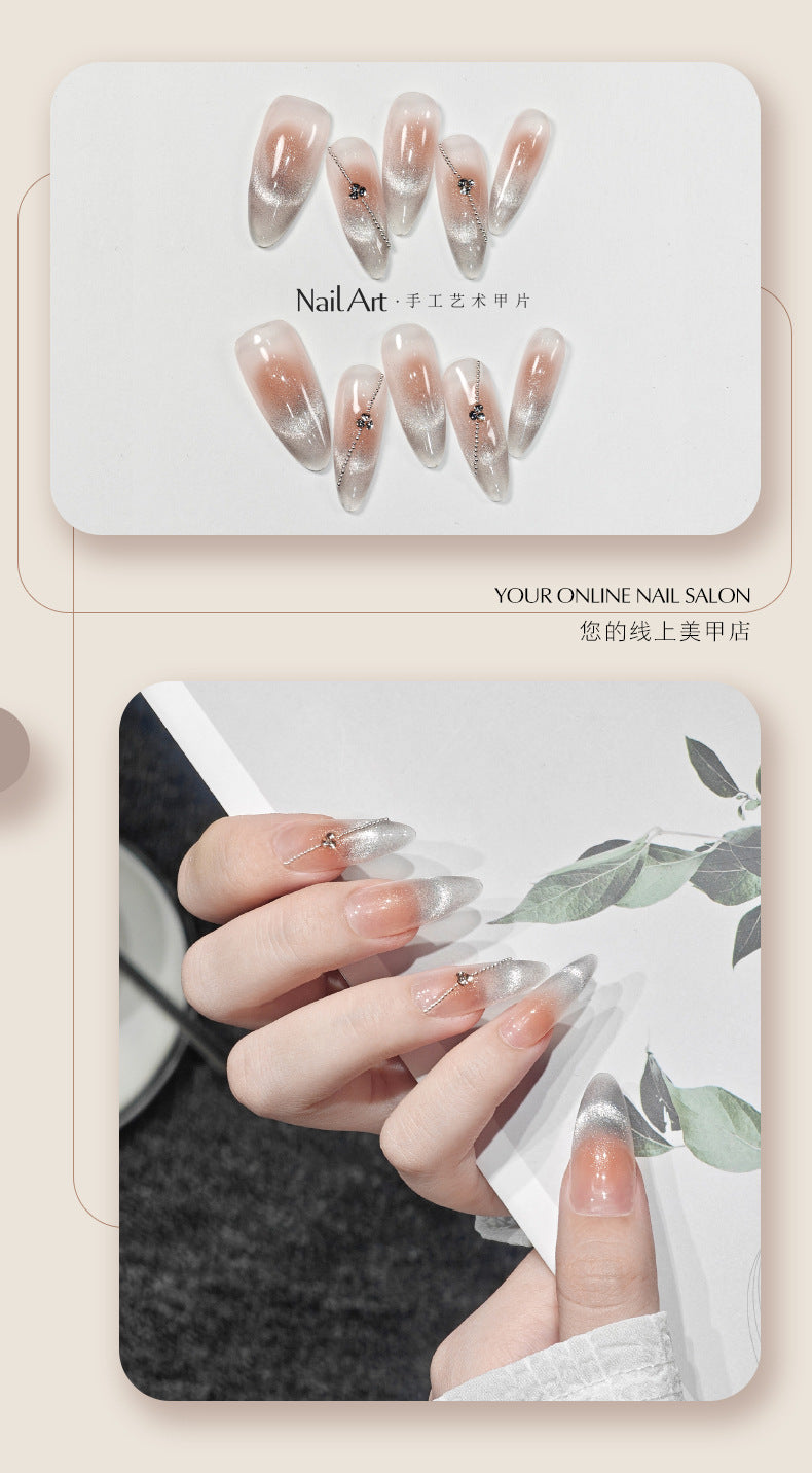 Handmade Wear Armor Summer Ice-Permeable French Blush Blooming Gradient High-Grade Almond Nail Stickers Fake Nails