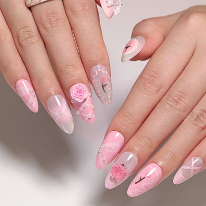 French Cute Girl Pink Nail Art Three-Dimensional Flower Wear Nail Tulip Ribbon Fake Nails Nail Tip Finished Product Wholesale