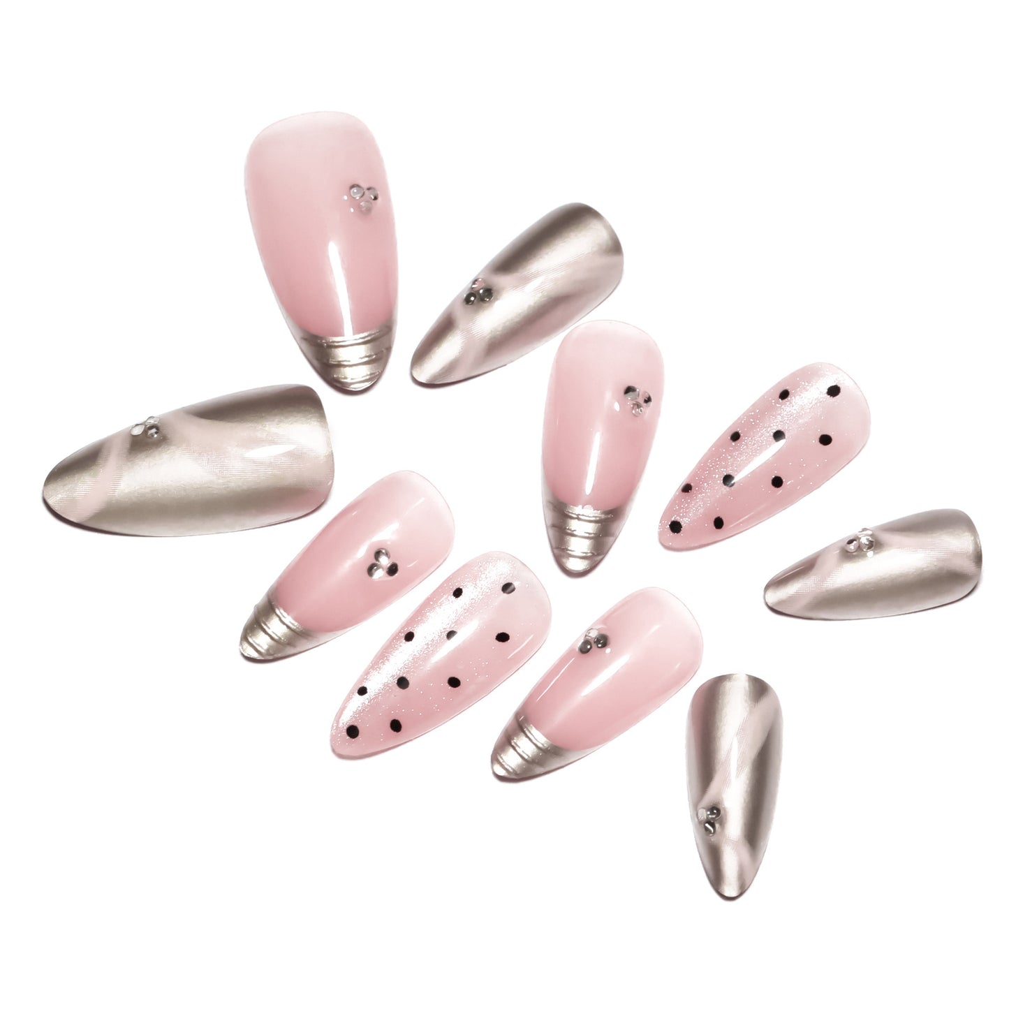 Internet Celebrity French Style3D Silver Magic Mirror Effect Powder Wear Nail Pink Sweet Cat Eye Nail Art Spot Drill Ribbon Fake Nails Nail Tip