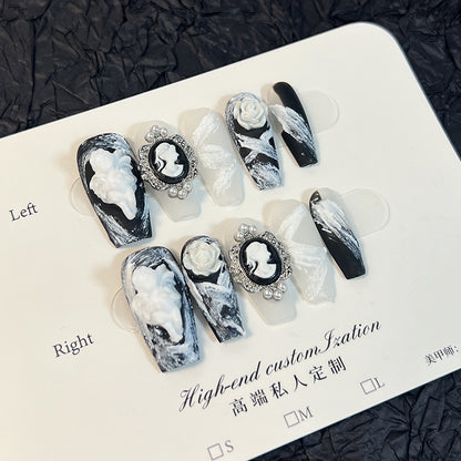 Handmade Wear Nail Baroque Angel Camellia Nail Stickers Mid-Length Dark European and American Style Manicure Wholesale