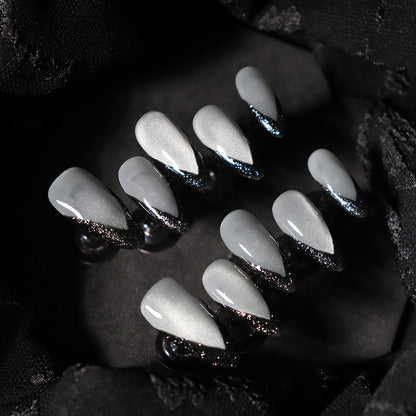 Black Swan Noble Fingertip French Almond Hand-Wear Nail Cat Eye Thin and Glittering Texture Nail Art Fake Nail Tip