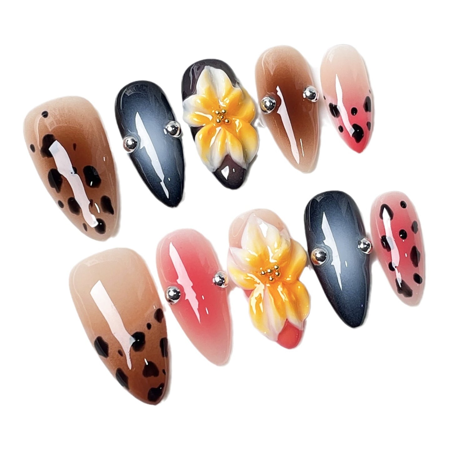 【Dyed Nail】Hand-Worn Armor3D Three-Dimensional Carved Sexy Leopard Blush Nail Cross-Border European and American Hot Girl Almond Nail