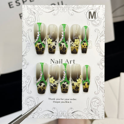 Europe and America Cross Border Popular French Line Leopard Print Wear Armor Extended Coffin-Shaped Manicure Detachable Nail Patch