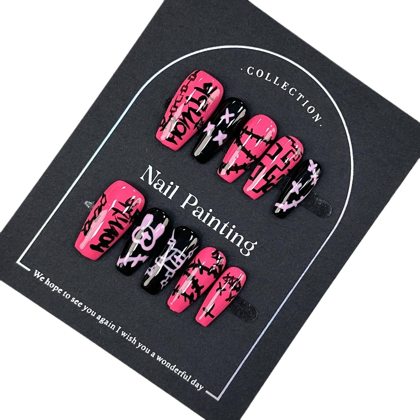 Hot Girl Graffiti Contrast Colors with Black and Pink Pure Hand Drawing Wear Nail Tip High-Grade Summer Handmade Nail Stickers Cross-Border