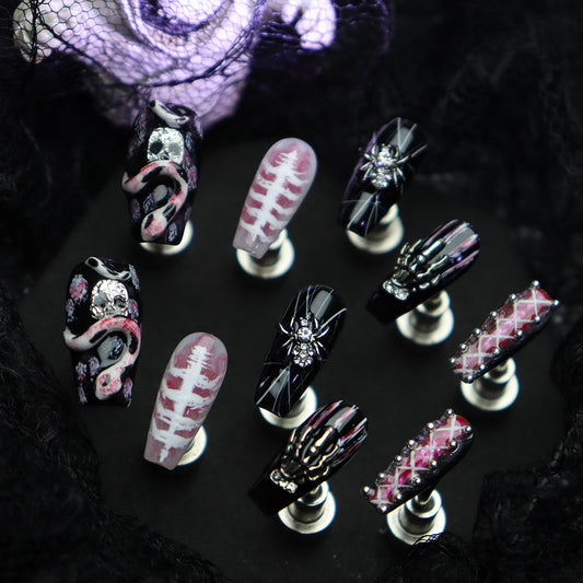 New Halloween Style Wear Nail Heavy Industry Hand-Painted Production3d Three-Dimensional Snake Spider Rhombus Net Manicure Fake Nail Tip Factory