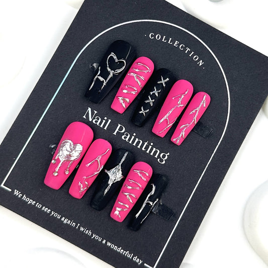 Pink&Black Frosted Handmade Wear Nail Tip Nail Stickers High-Grade Summer New Overseas Cross-Border