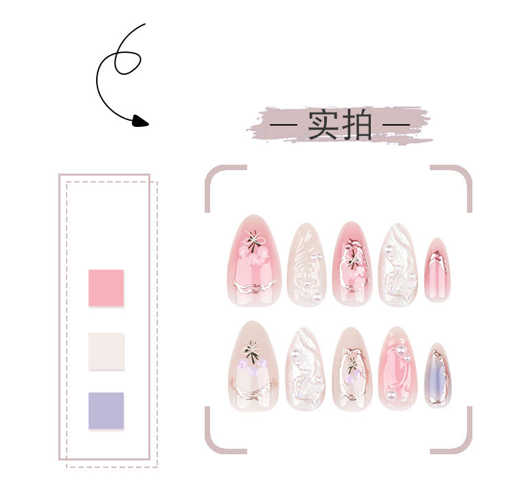 Spot Drill Aurora Butterfly Wear Nail Fresh Blush Blooming Nail Tips Pearl Bow Fake Nails Wholesale