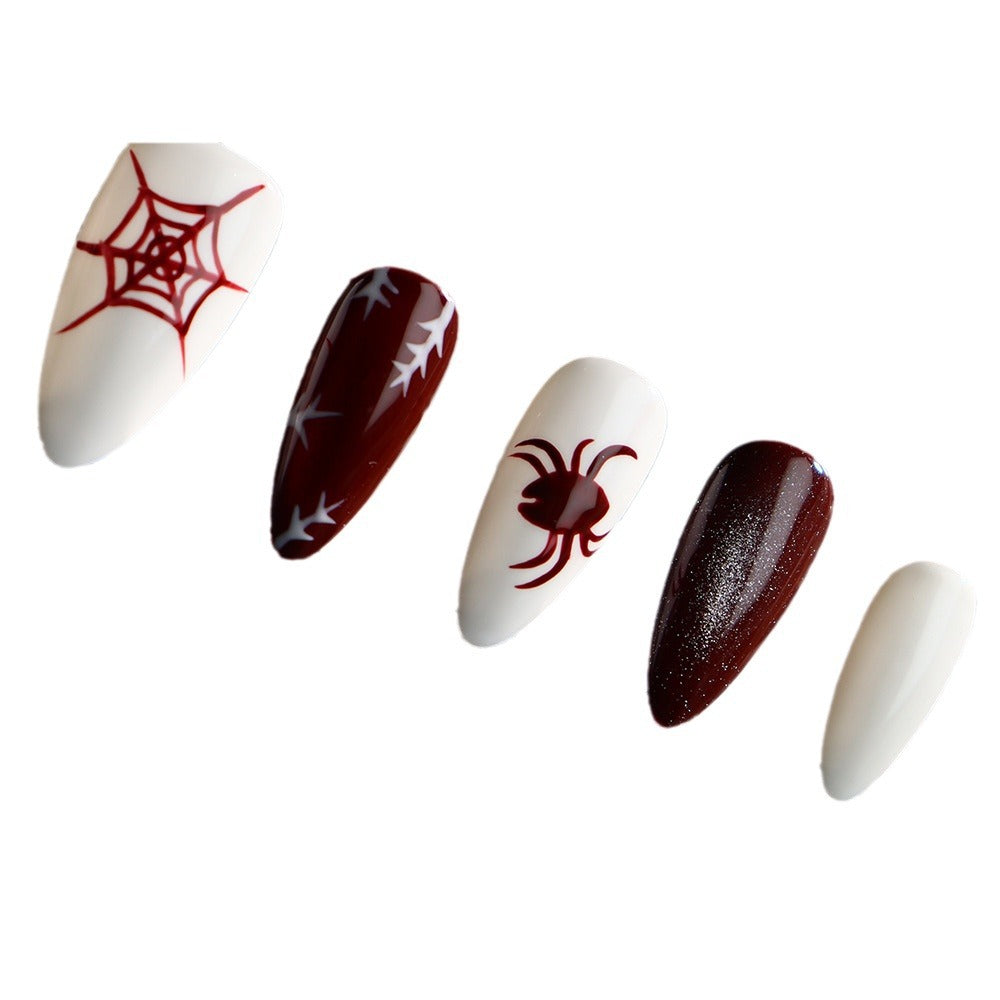 Ins Wind Rock Style Hand-Painted Nail Spider Web Red and White Nail Exclusive for Cross-Border Wholesale