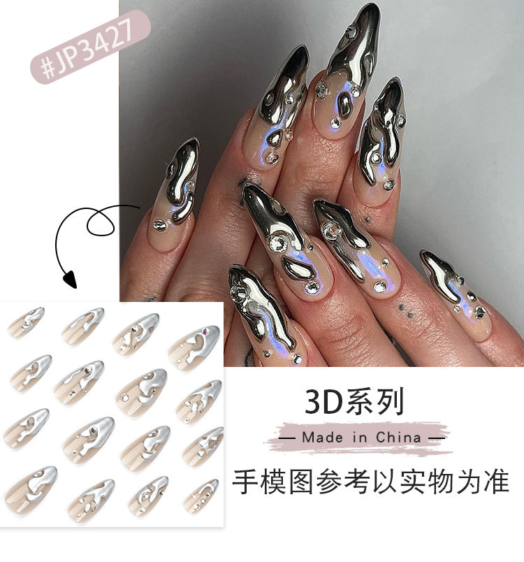 French3D Silver Paste Wear a Nail Piece Short Almond fake nails Spot Drill Fake Nails Nail Sticker Wholesale