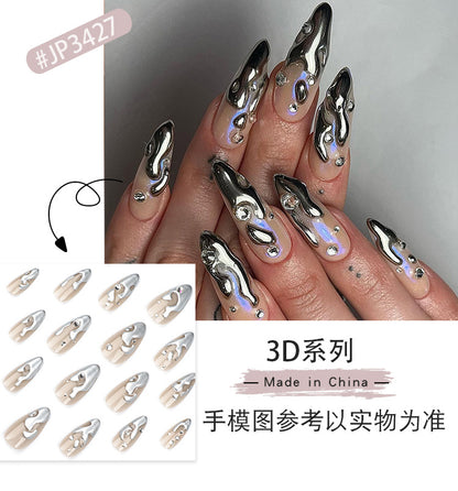 French3D Silver Paste Wear a Nail Piece Short Almond fake nails Spot Drill Fake Nails Nail Sticker Wholesale