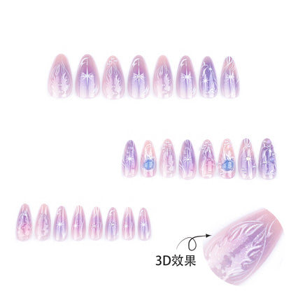 Purple Blooming Dream Wearable Manicure Asterism Pearl Wearing Nail Polish Short Almond Nail Patch