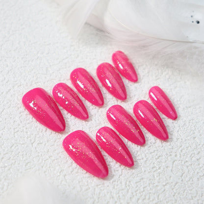 New Simple Sweet Cool Rose Pink Thin and Glittering Almond Hand-Worn Nail Pure Color Ribbon Sequins Fake Nail Tip Pitaya Color