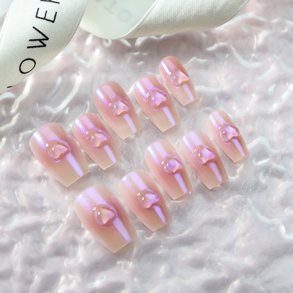 Sweet Hot Girl Gradient Love Handmade Wear Nail Ice Transparent Three-Dimensional Bridal Phototherapy Finished Manicure with Jelly Glue