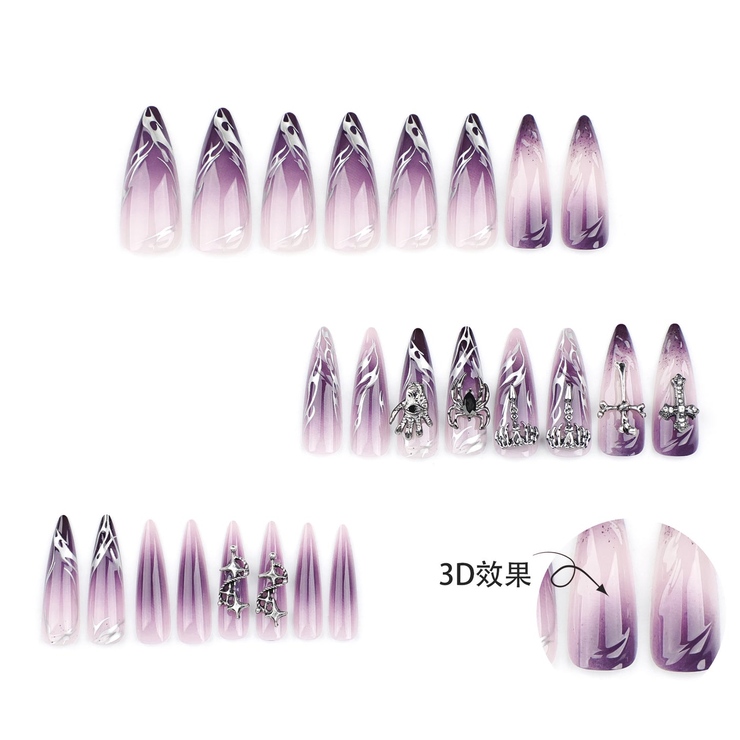 Halloween Cool Wear Nail French Flame Cross Manicure Purple Smudges Spider Nail Tip Finished Product Wholesale