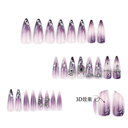 Halloween Cool Wear Nail French Flame Cross Manicure Purple Smudges Spider Nail Tip Finished Product Wholesale