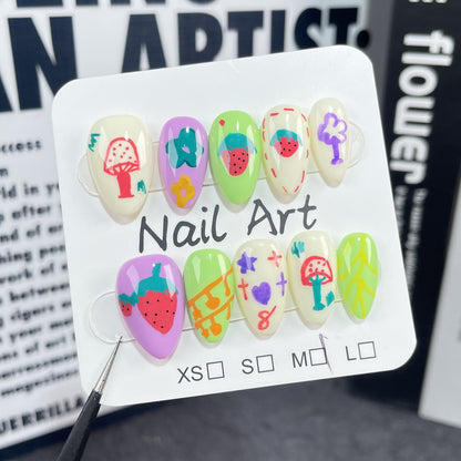 【Dyed Nail】Graffiti Cartoon Handmade Wear Armor Dream Small Mushroom Hand Painted Cute Sweet Strawberry Nail Patch