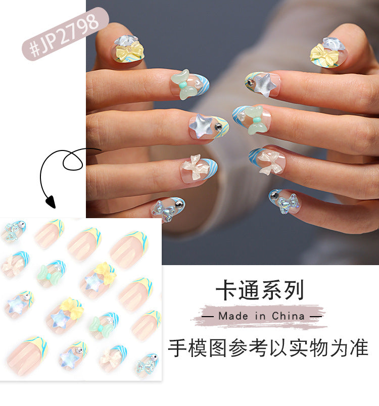 French Blue and White Stripes Nail Shaped Piece Cartoon Three-Dimensional XINGX Bow Manicure Fake Nails Cross-Border Hot Selling Wear Nail