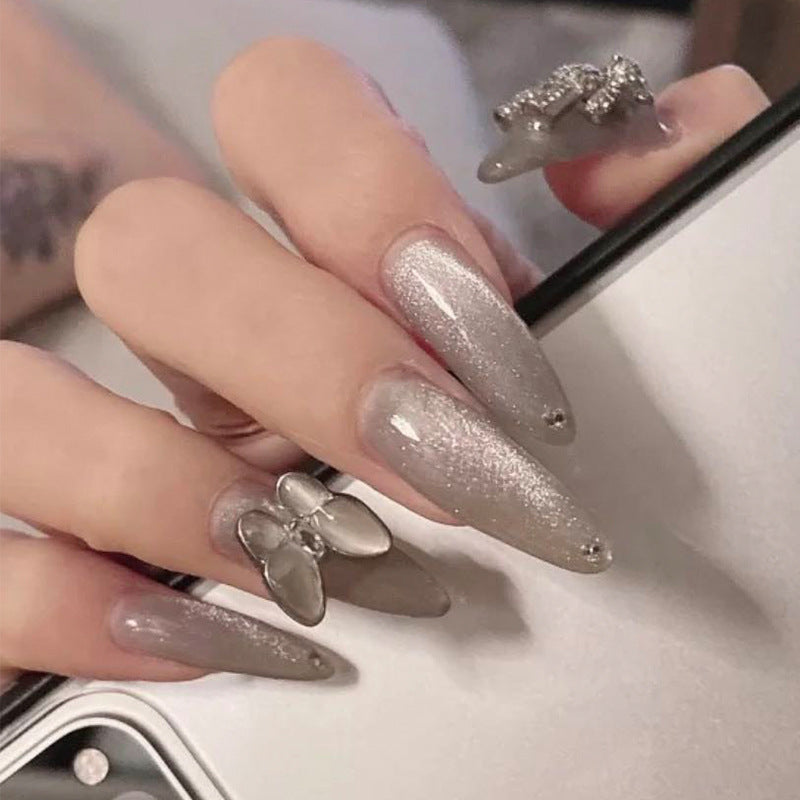 Wear Nail Tip Silver Glitter Metal Bow Nail Sticker Finished Detachable Nail Tip press on nails