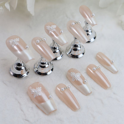 Hot Sale Wear Nail Pile Beads Advanced French Simplicity Sweet Elegant Bridal Style Nail Patch Finished Product Delivery