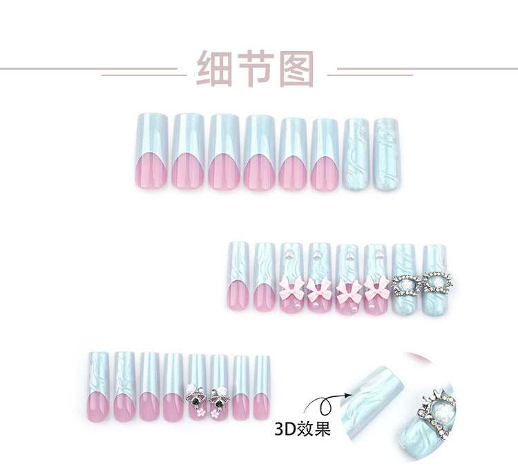 3D French Manicure Fake Nail Tip Nail Tip Three-Dimensional Pink Bow Wearing Nail Cat Spot Drill Removable Nail Tip Finished Product