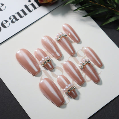 Advanced Phototherapy Pink Aurora Solid Color Handmade Wear Nail Simple Pearl Pink Nail Piece Long Ladder Gentle Gold