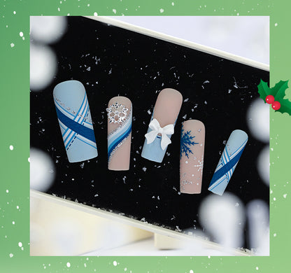 Europe and America Cross Border Christmas Wear Nail Snowflake Three-Dimensional Bow Manicure Fake Nails French Rectangle Nail Tip Wholesale