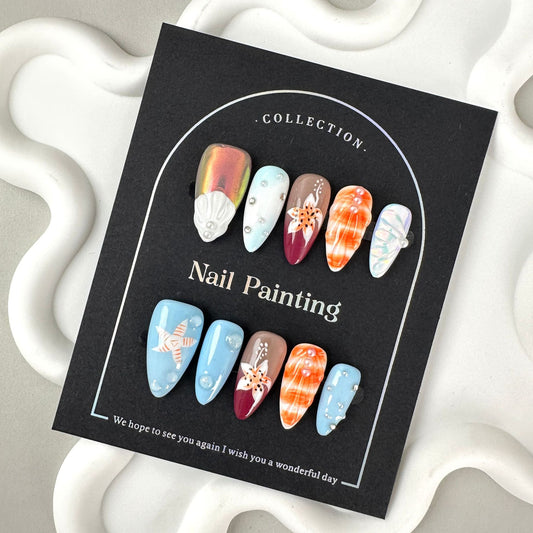 Sunset Shell Nail Stickers Wear Nail Tip High Sense Summer Europe and America Cross Border Straight Hair Handmade Pure Summer Hand Painted