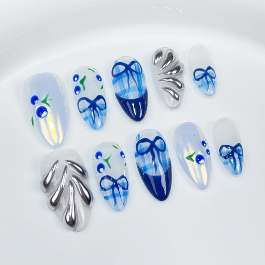 【Dyed Nail】Handmade Wear Armor Blue Hand Painted Cherry Europe and America Cross Border Summer Ice Transparent Wear Fake Nails Wholesale