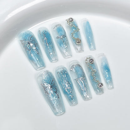 Ice Transparent Cat Eye Hand-Worn Armor Ocean Blue Butterfly Irregular Relief Long Nail Stickers Finished Product Fake Nails