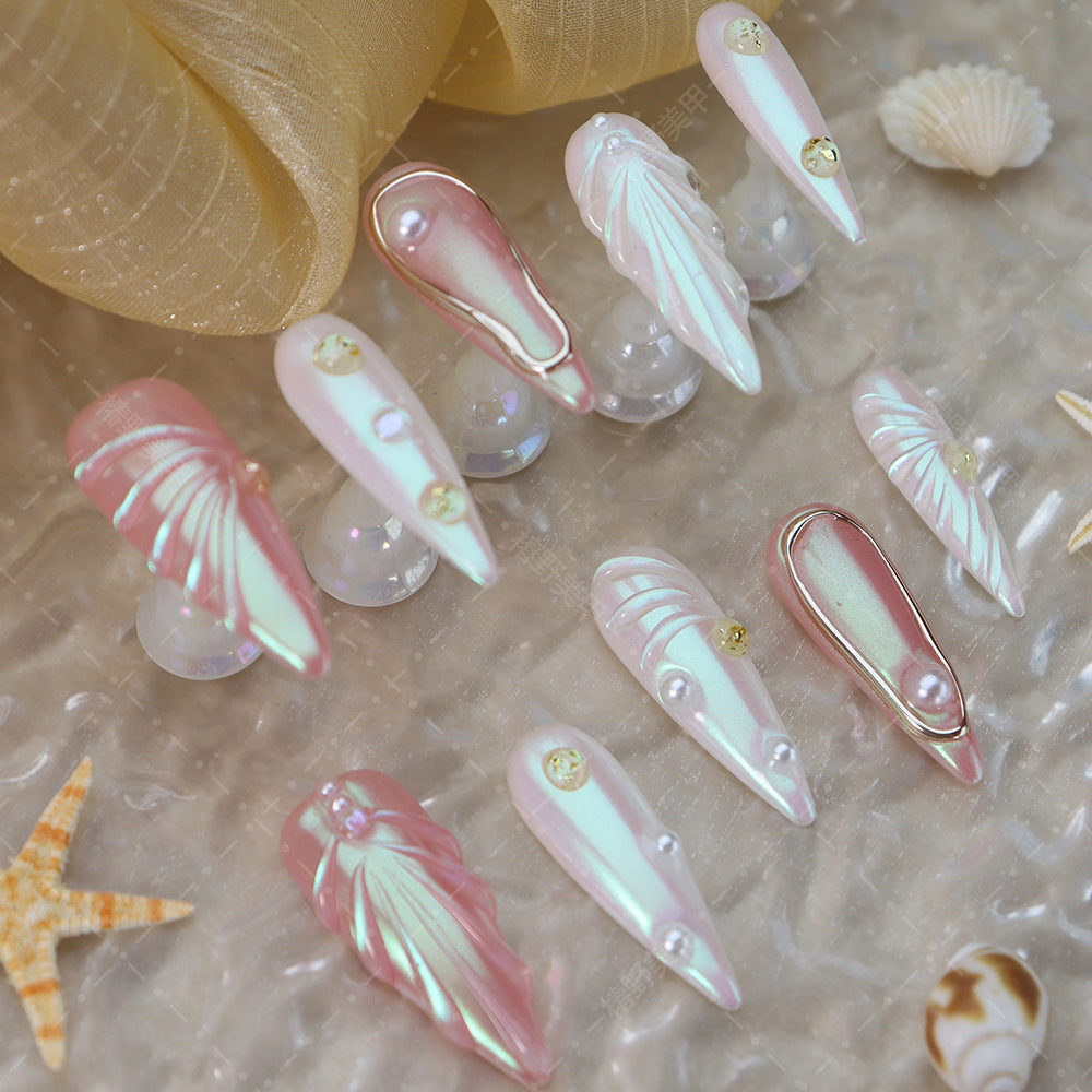 Long Pointed Nail Stickers European and American Sweet Cool Hot Girl Style Shell Patch Handmade Aurora Epoxy Wear Nail Detachable Nail