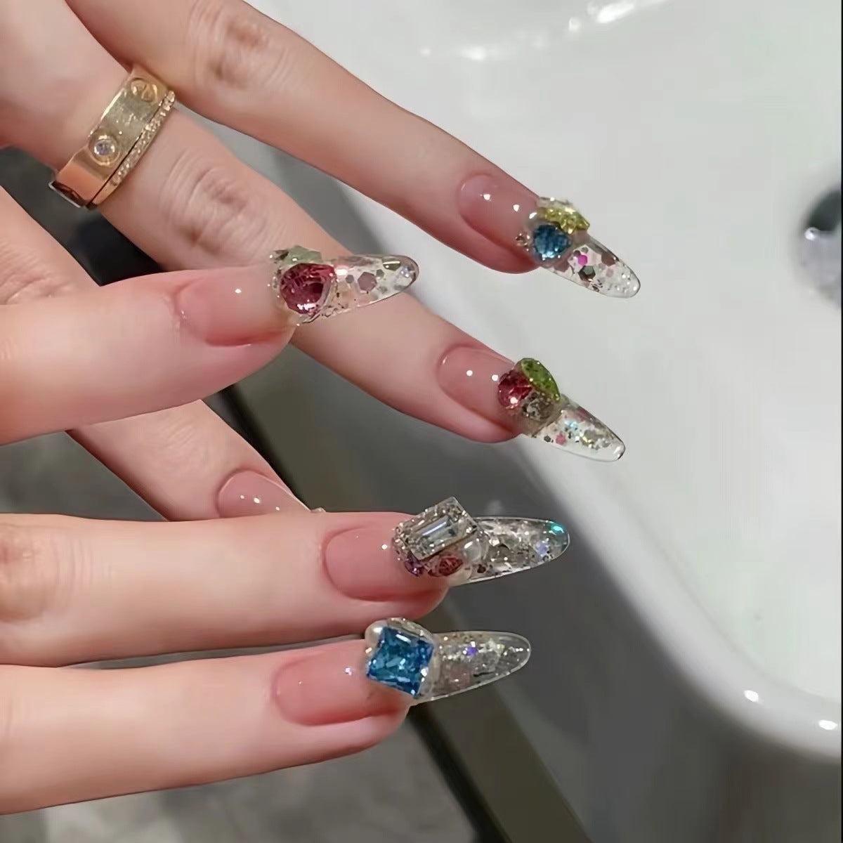 Hot Summer Colorful Crystals Sugar Flash Diamond Sequins Handmade Fingernail Manicure Wear Nail Length