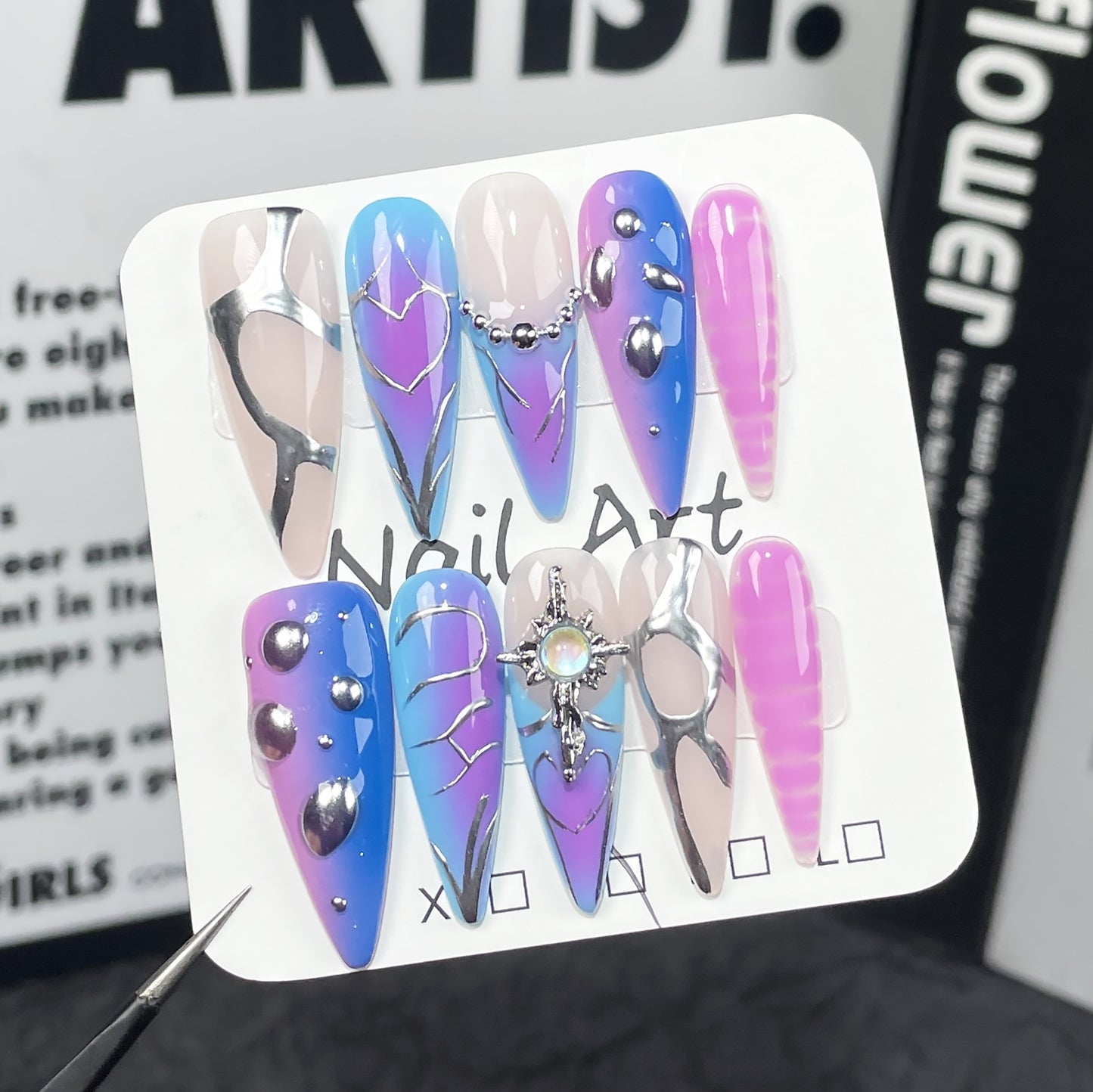 European and American Long Tip Two-Tone Gradient Hand-Worn Nail Sweet Cool Hot Girl Irregular Shape Hand-Painted Nail Stickers Wholesale