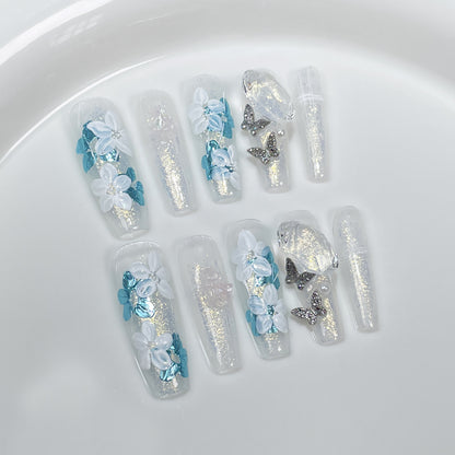 Handmade Wear Nail Ice Transparent Hand Painted Flower Extended Nail Stickers Wearable Nail Sticker Wholesale