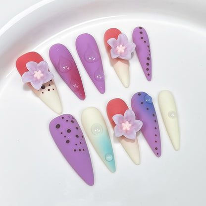 European and American Long Pointed Summer Colorful Contrast Color Handmade Wear Armor Polka Dot Flower Long Nail Stickers