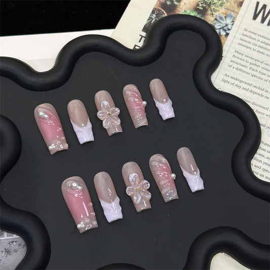 ins Wind Cross-Border European and American Medium Rectangular Handmade Wear Nail Polish Three-Dimensional Flower Nail Stickers Fake Nail Patch