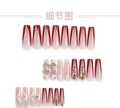 Ultra-Long Square Wear Armor Gold Three-Dimensional Butterfly Rhinestone Manicure Red French Removable Fake Nails Nail Tip