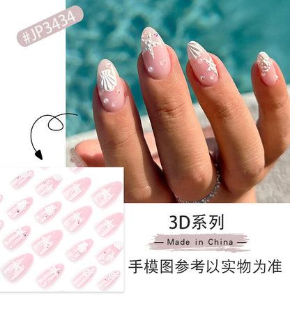 Sweet Pink Bubble Wear Nail Piece Shell Starfish Manicure Fake Nails Almond Type Spot Drill Fake Nails Wholesale