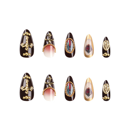 European and American Wear Nail Relief Cross Nail Art Virgin Portrait Nail Art Piece Love Gem Dark Brown Nail Tip Wholesale