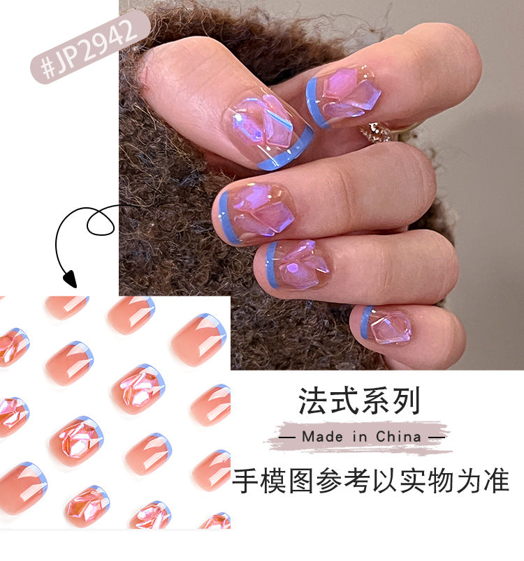 New French Style Blue Short Edge Wear Nail Nude Pink Nail Art Xiaohongshu Simple and Short Nail Tip Factory Wholesale