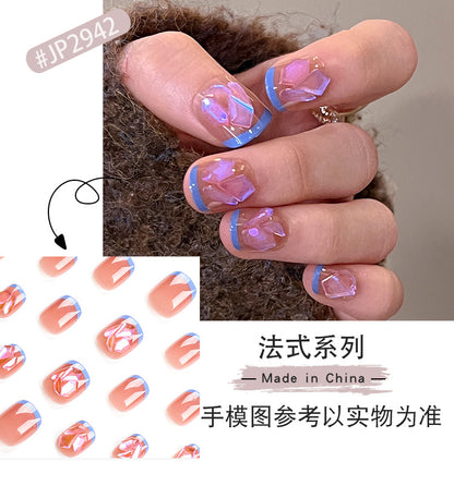 New French Style Blue Short Edge Wear Nail Nude Pink Nail Art Xiaohongshu Simple and Short Nail Tip Factory Wholesale