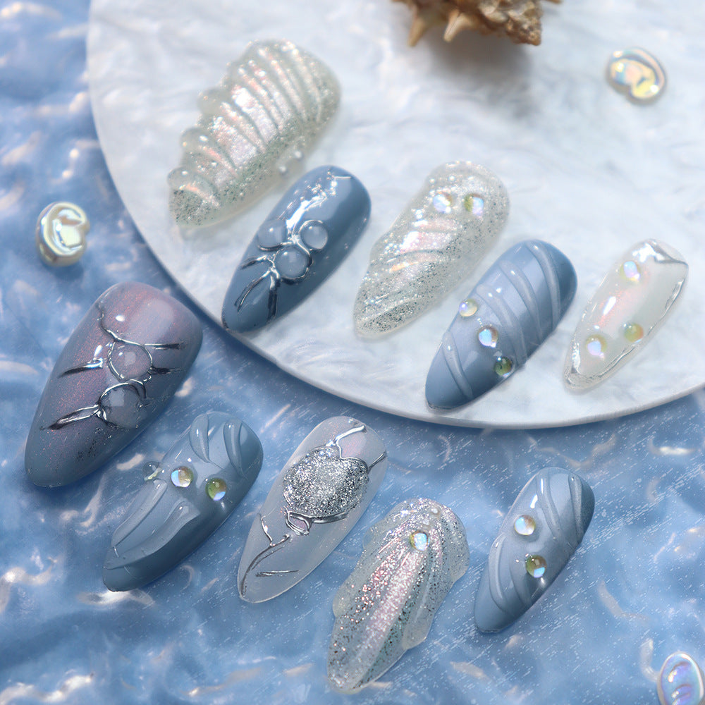 New Nail Beauty Patch Wear Armor Advanced Blue White Ocean Series Popular Three-Dimensional Shell Detachable UV Nail