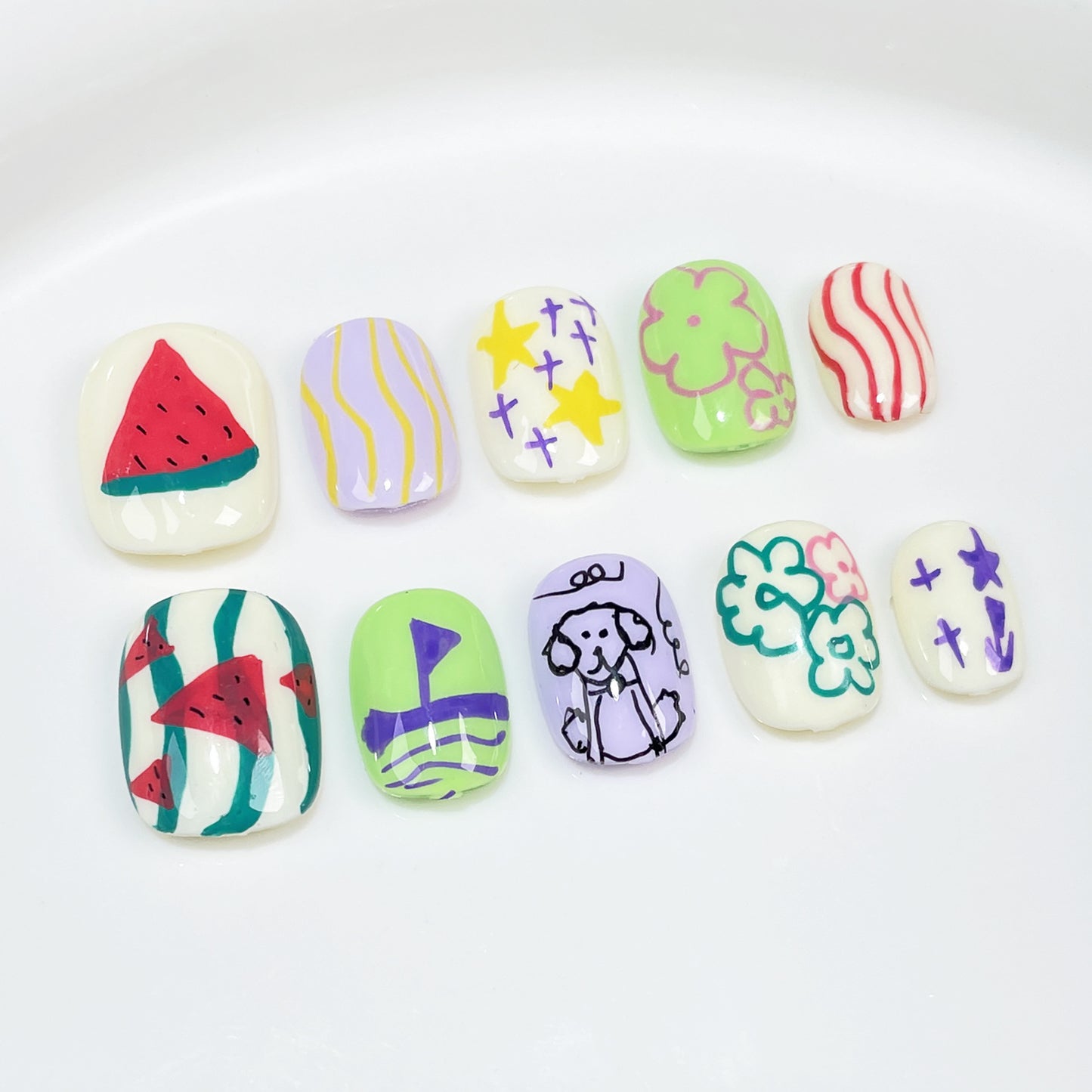 【Dyed Nail】Cute Short Nail Art Voyage Master Guard Melon Puppy Cartoon Childlike Hand Painted Graffiti Nail Stickers