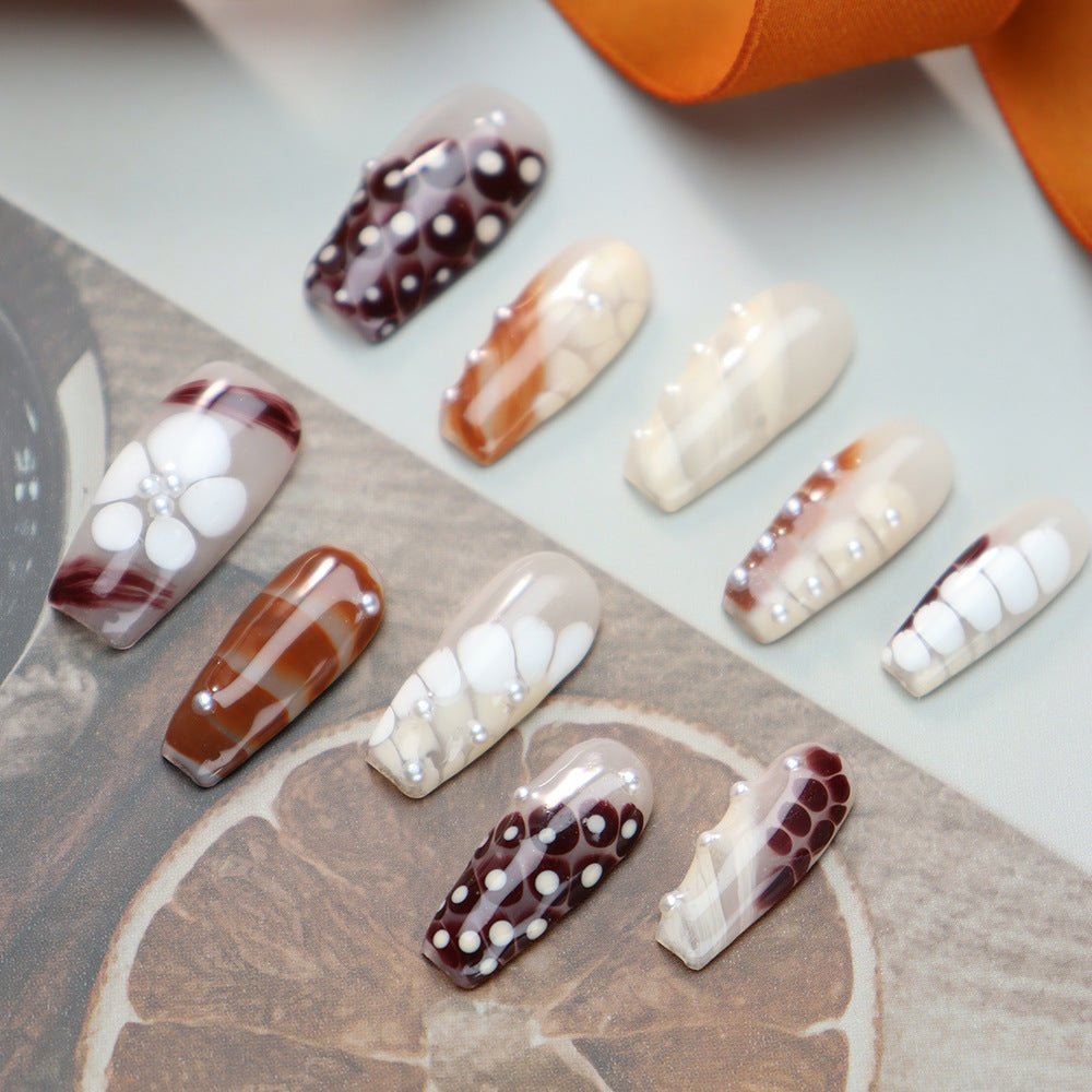 New Hand-Painted Wearing Animal Texture ins Wind Autumn and Winter Mini Pearl White Temperament Detachable Finished Nail