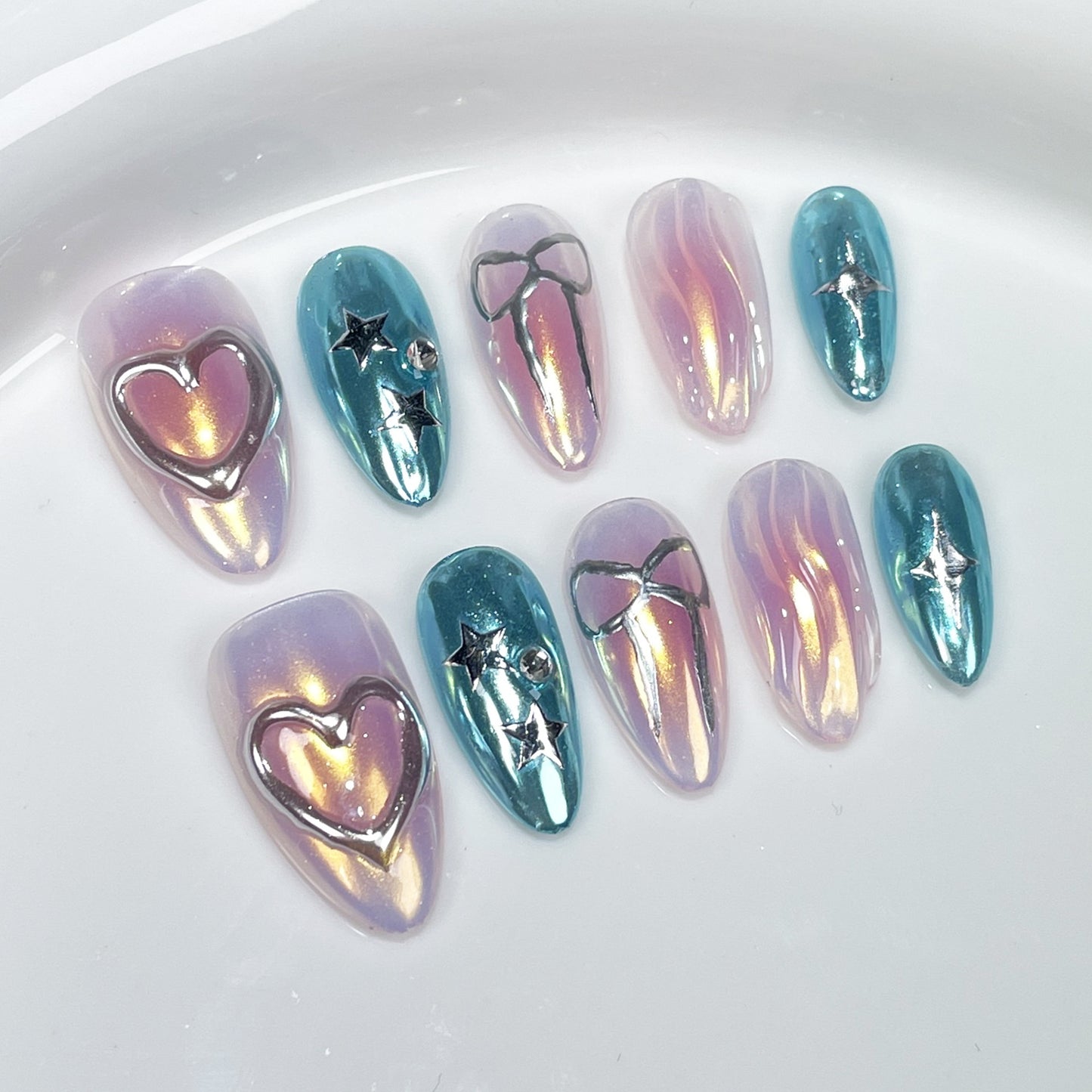 European and American Almond Nail Sweet Cool Aurora Nail Metal Shape Fresh Nail Stickers Cross-Border Handmade Wear Nail