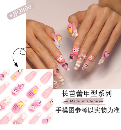 Sweet Cartoon Pink Nail Art Cone Ice Cream Wear Nail Three-Dimensional Bow Nail Tip Love Heart Rhinestone Fake Nails