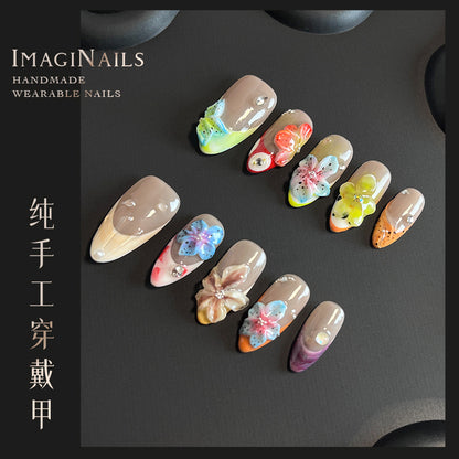 Hot Selling in Europe and America3D Three-Dimensional Carved Almond Nail Pure Hand-Worn Nail Piece