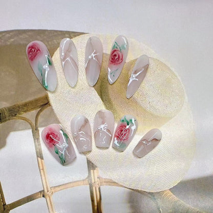 Handmade Wear Nail Gentle Temperament Marble Blooming Hand Painted Rose Mid-Length Wear Nail Handmade